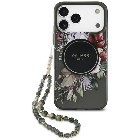 Etui MagSafe do Apple iPhone 18 Pro / 17 Pro, Guess, IML Flowers with Pearl Strap, czarne