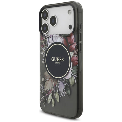 Etui MagSafe do Apple iPhone 18 Pro / 17 Pro, Guess, IML Flowers with Pearl Strap, czarne