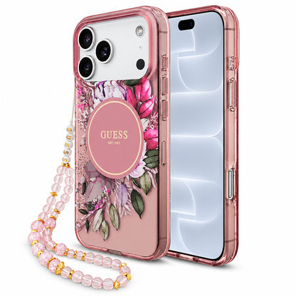 Etui MagSafe do Apple iPhone 18 Pro / 17 Pro, Guess, IML Flowers with Pearl Strap, różowy