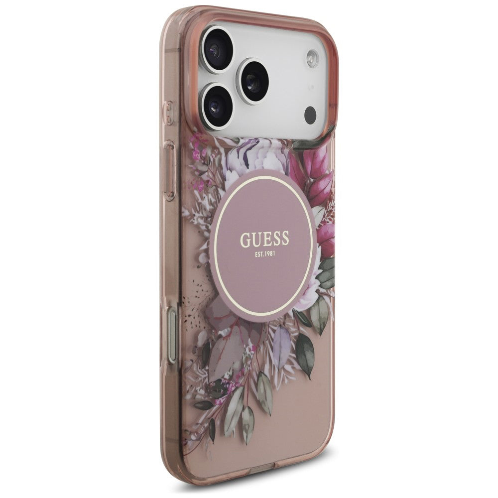 Etui MagSafe do Apple iPhone 18 Pro / 17 Pro, Guess, IML Flowers with Pearl Strap, różowy