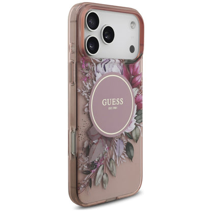 Etui MagSafe do Apple iPhone 18 Pro / 17 Pro, Guess, IML Flowers with Pearl Strap, różowy