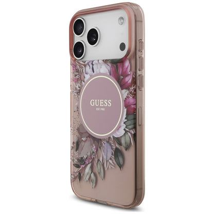 Etui MagSafe do Apple iPhone 18 Pro / 17 Pro, Guess, IML Flowers with Pearl Strap, różowy