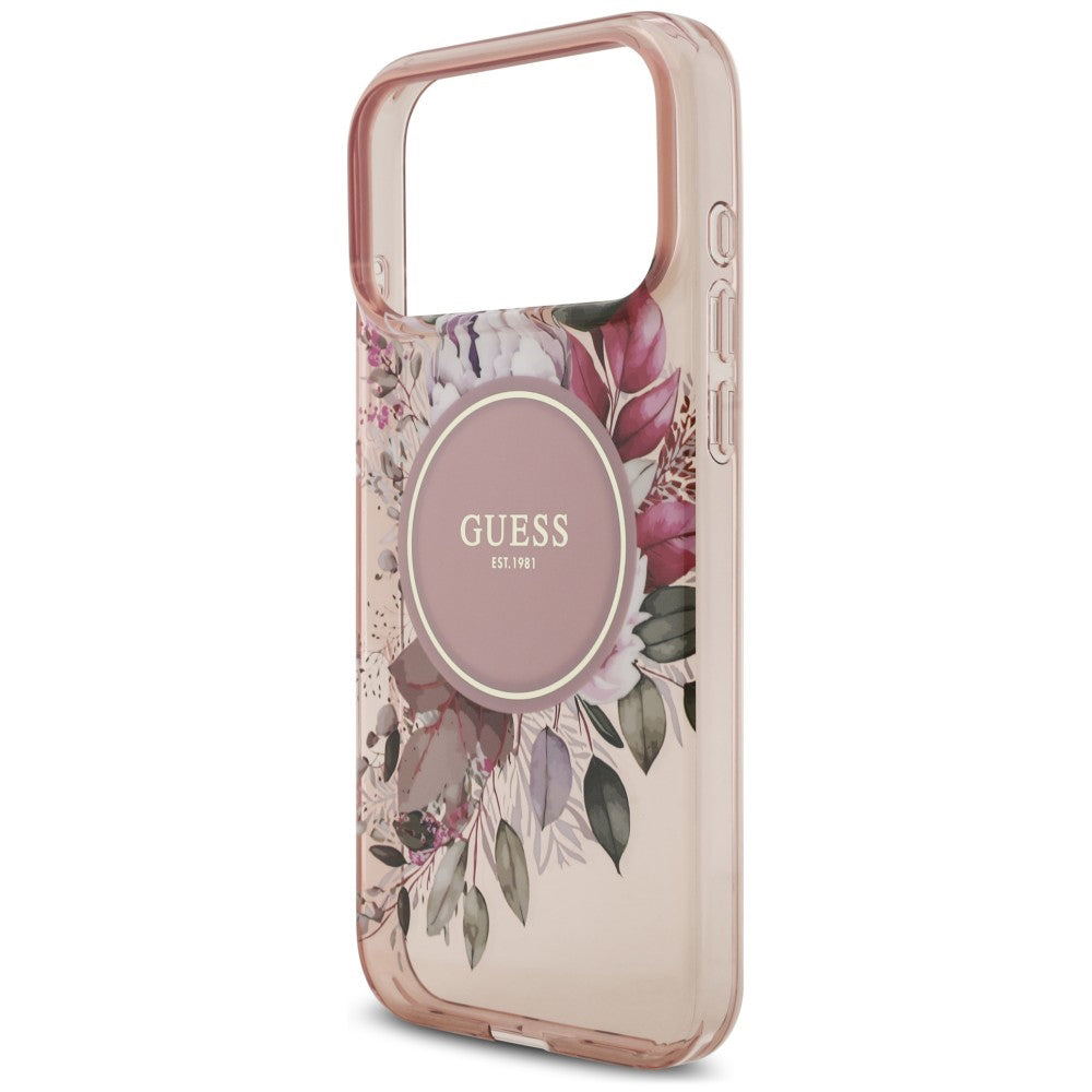 Etui MagSafe do Apple iPhone 18 Pro / 17 Pro, Guess, IML Flowers with Pearl Strap, różowy