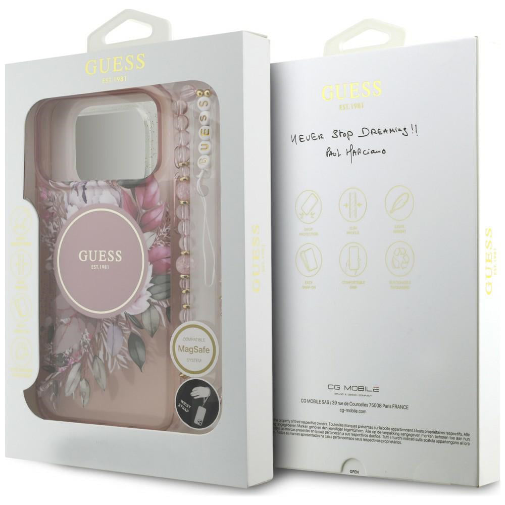 Etui MagSafe do Apple iPhone 18 Pro / 17 Pro, Guess, IML Flowers with Pearl Strap, różowy