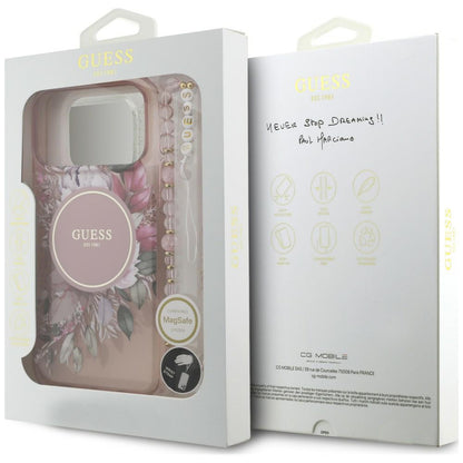 Etui MagSafe do Apple iPhone 18 Pro / 17 Pro, Guess, IML Flowers with Pearl Strap, różowy