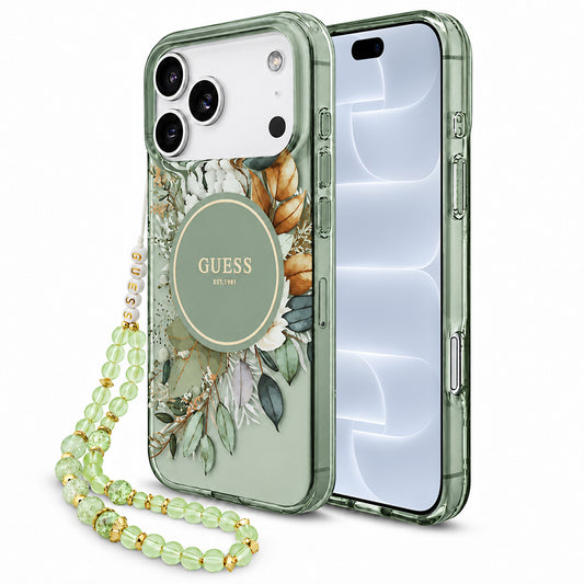 Etui MagSafe do Apple iPhone 18 Pro / 17 Pro, Guess, IML Flowers with Pearl Strap, zielone
