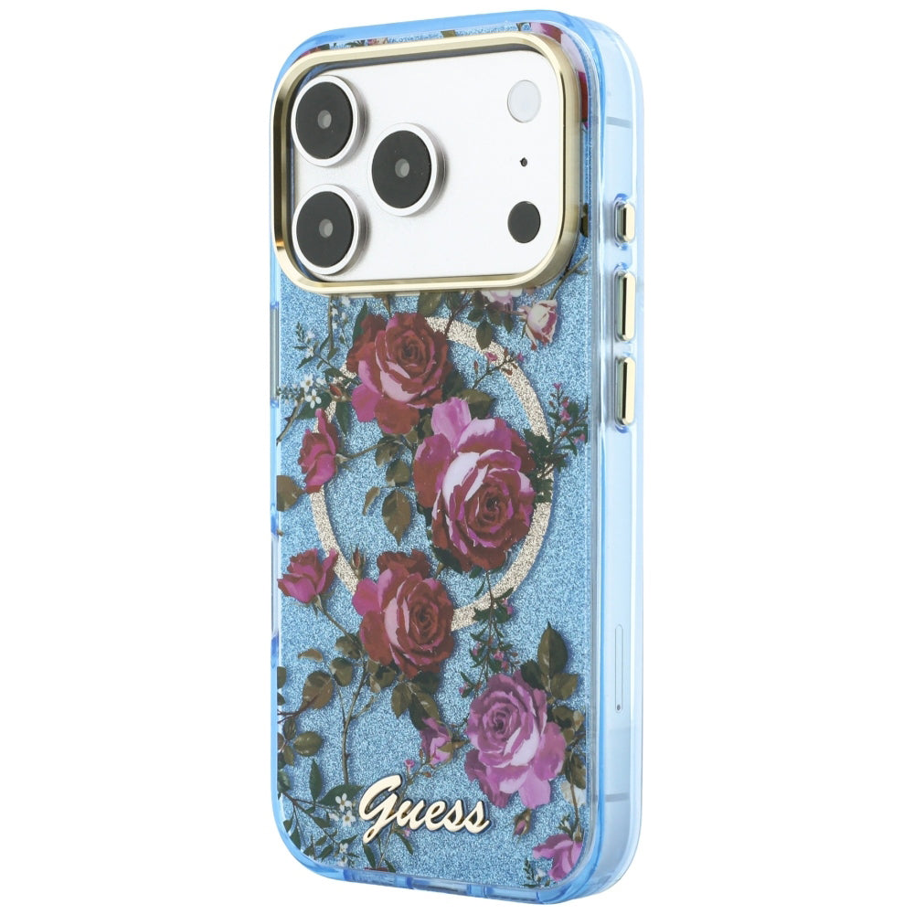 Etui MagSafe do Apple iPhone 18 Pro / 17 Pro, Guess, IML Glitter Blossom Roses, Bleu