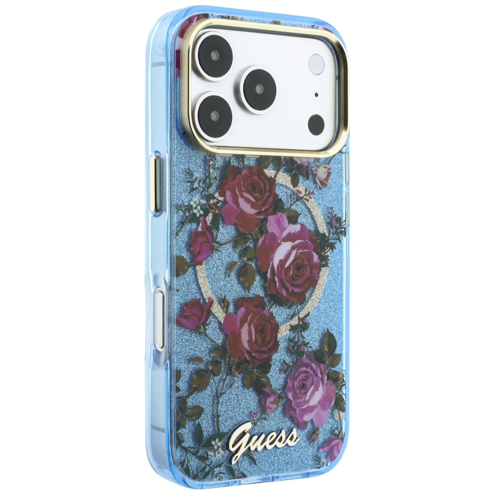 Etui MagSafe do Apple iPhone 18 Pro / 17 Pro, Guess, IML Glitter Blossom Roses, Bleu