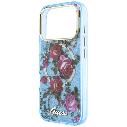 Etui MagSafe do Apple iPhone 18 Pro / 17 Pro, Guess, IML Glitter Blossom Roses, Bleu