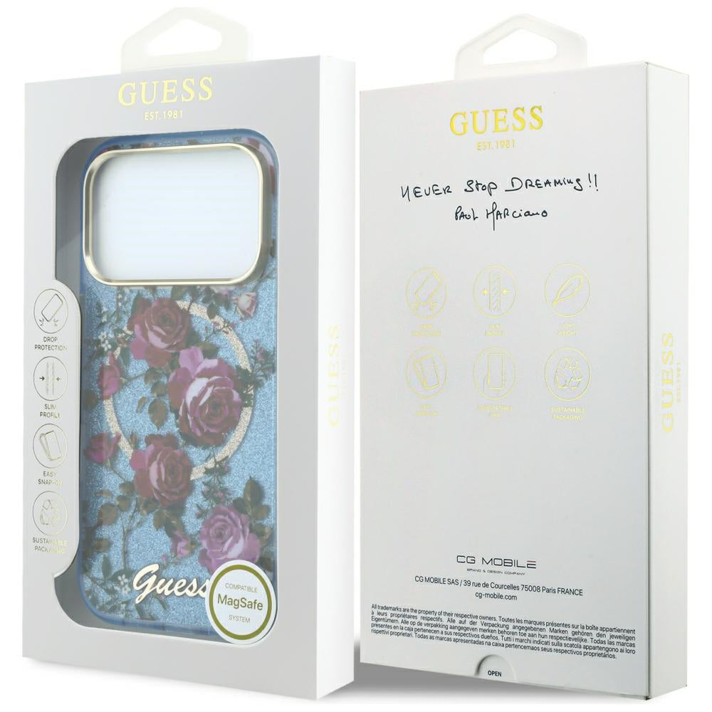 Etui MagSafe do Apple iPhone 18 Pro / 17 Pro, Guess, IML Glitter Blossom Roses, Bleu