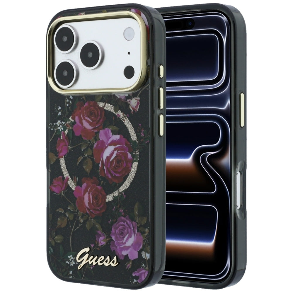 Etui MagSafe do Apple iPhone 18 Pro / 17 Pro, Guess, IML Glitter Blossom Roses, czarne