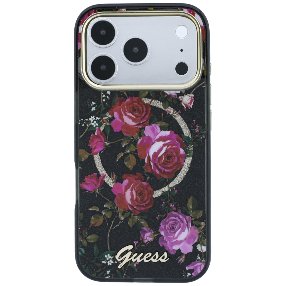 Etui MagSafe do Apple iPhone 18 Pro / 17 Pro, Guess, IML Glitter Blossom Roses, czarne