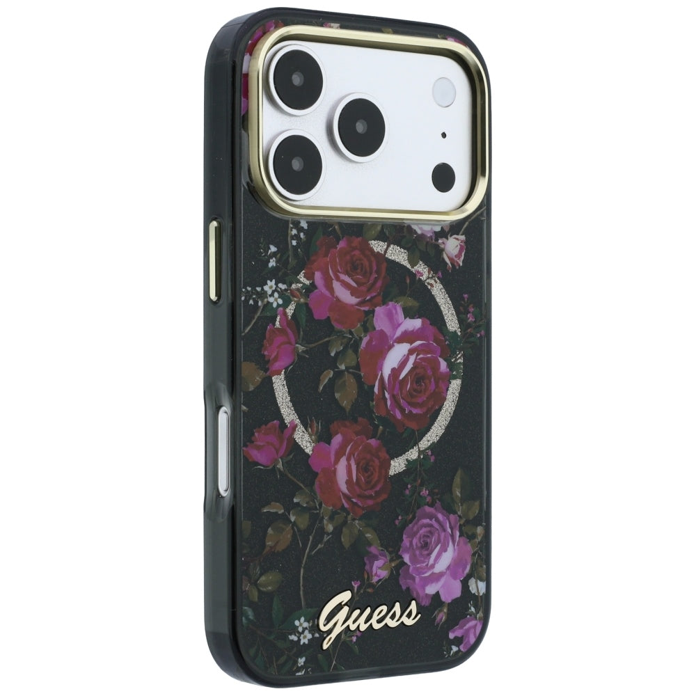Etui MagSafe do Apple iPhone 18 Pro / 17 Pro, Guess, IML Glitter Blossom Roses, czarne