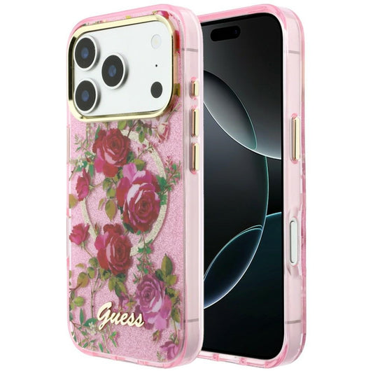 Etui MagSafe do Apple iPhone 18 Pro / 17 Pro, Guess, IML Glitter Blossom Roses, Różowe