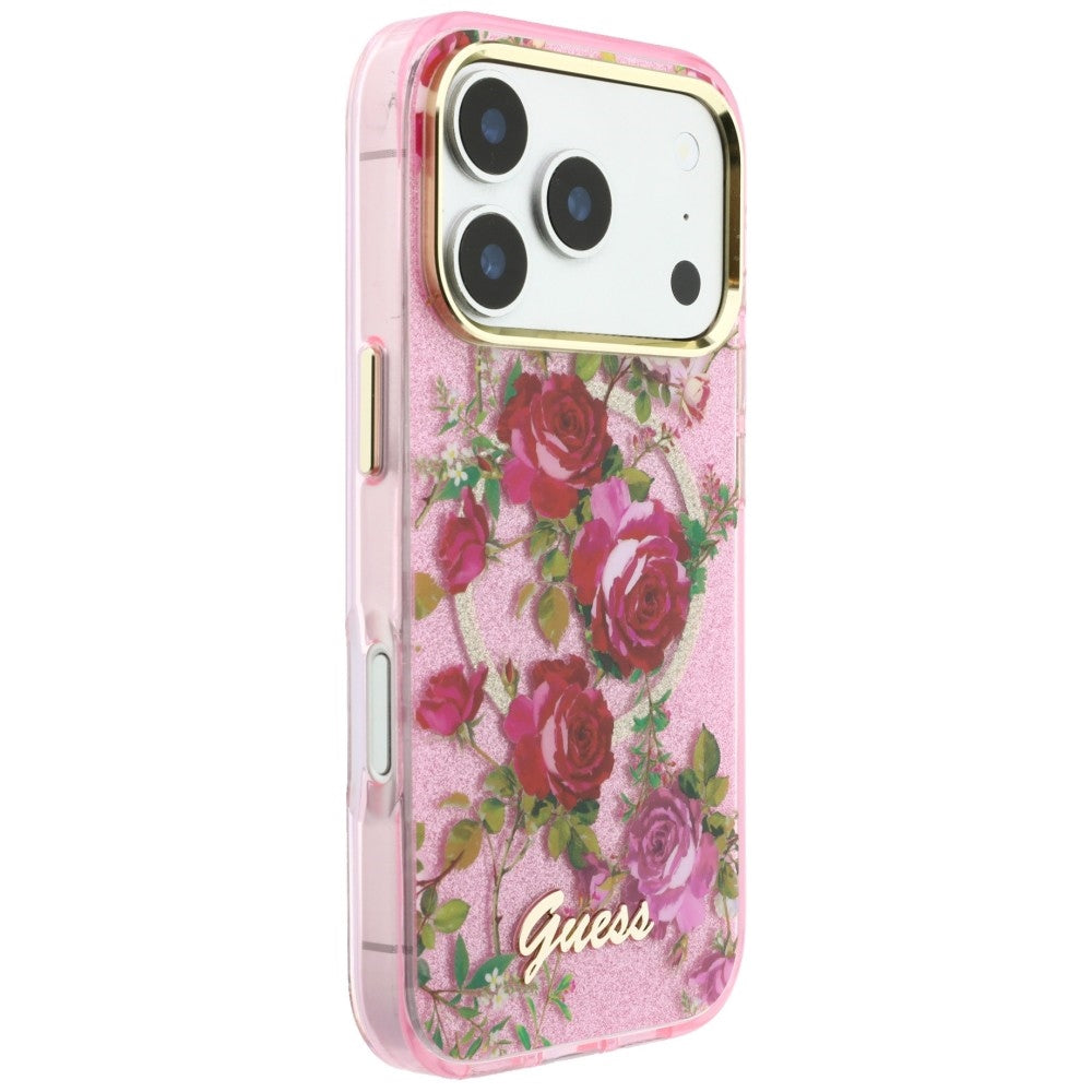 MagSafe Case for Apple iPhone 18 Pro / 17 Pro, Guess, IML Glitter Blossom Roses, Pink