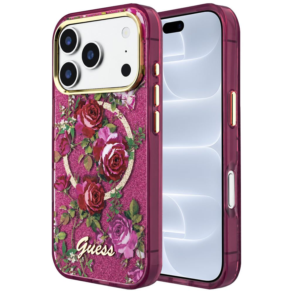 Etui MagSafe do Apple iPhone 18 Pro / 17 Pro, Guess, IML Glitter Blossom Roses, Wiśniowy