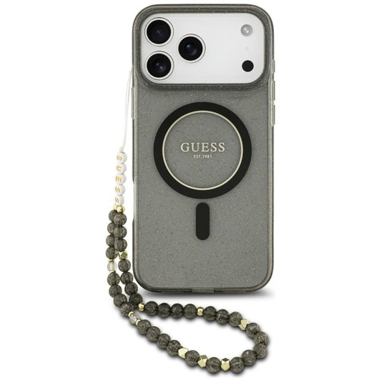 Etui MagSafe do Apple iPhone 18 Pro / 17 Pro, Guess, IML Glitter with Pearl Strap, czarne