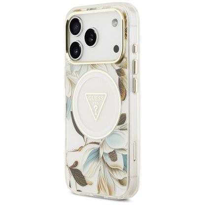Etui MagSafe do Apple iPhone 18 Pro / 17 Pro, Guess, IML Metal Glitter Flowers Triangle, Białe