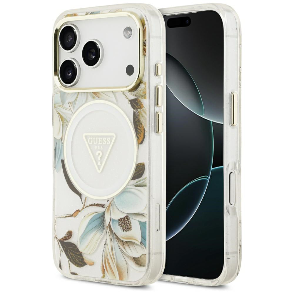 Etui MagSafe do Apple iPhone 18 Pro / 17 Pro, Guess, IML Metal Glitter Flowers Triangle, Białe