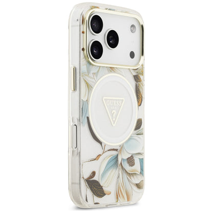Etui MagSafe do Apple iPhone 18 Pro / 17 Pro, Guess, IML Metal Glitter Flowers Triangle, Białe