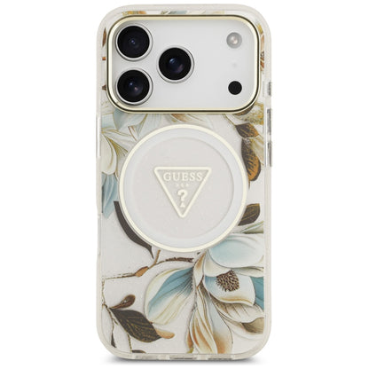 Etui MagSafe do Apple iPhone 18 Pro / 17 Pro, Guess, IML Metal Glitter Flowers Triangle, Białe