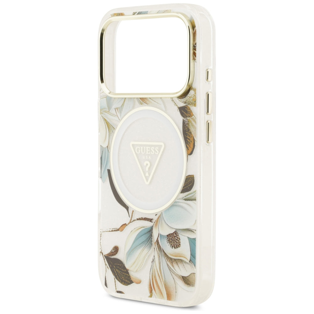 Etui MagSafe do Apple iPhone 18 Pro / 17 Pro, Guess, IML Metal Glitter Flowers Triangle, Białe