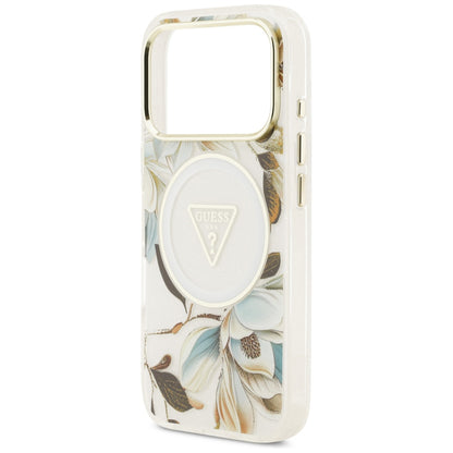 Etui MagSafe do Apple iPhone 18 Pro / 17 Pro, Guess, IML Metal Glitter Flowers Triangle, Białe