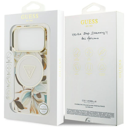 Etui MagSafe do Apple iPhone 18 Pro / 17 Pro, Guess, IML Metal Glitter Flowers Triangle, Białe