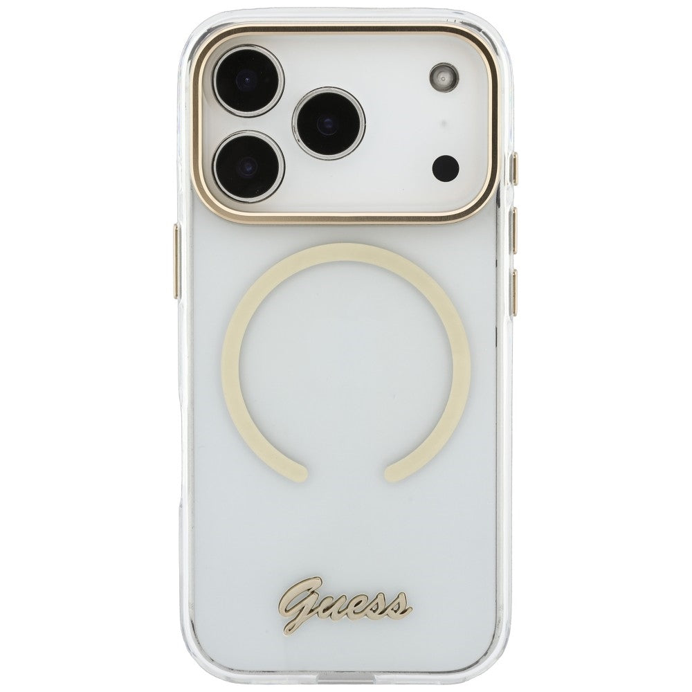 Etui MagSafe do Apple iPhone 18 Pro / 17 Pro, Guess, IML Script Metal, przezroczyste