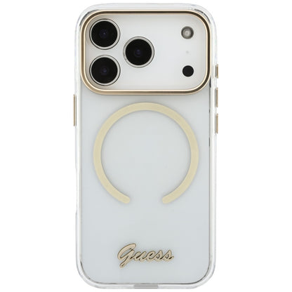 Etui MagSafe do Apple iPhone 18 Pro / 17 Pro, Guess, IML Script Metal, przezroczyste
