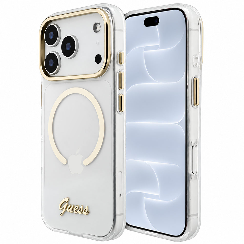 Etui MagSafe do Apple iPhone 18 Pro / 17 Pro, Guess, IML Script Metal, przezroczyste