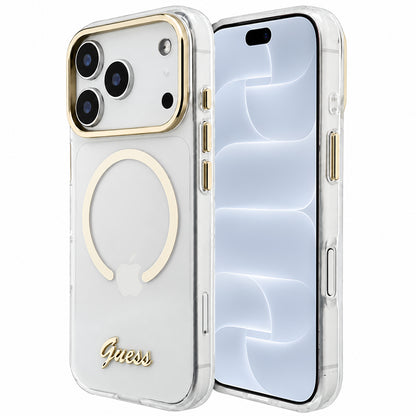 Etui MagSafe do Apple iPhone 18 Pro / 17 Pro, Guess, IML Script Metal, przezroczyste