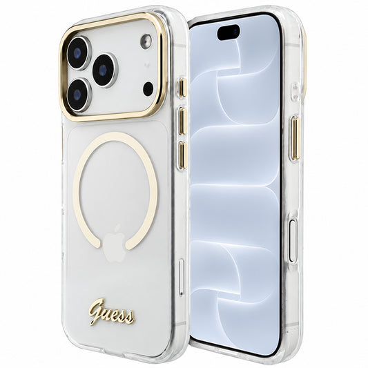 Etui MagSafe do Apple iPhone 18 Pro / 17 Pro, Guess, IML Script Metal, przezroczyste
