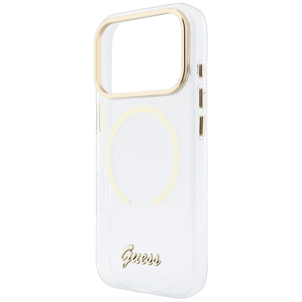 Etui MagSafe do Apple iPhone 18 Pro / 17 Pro, Guess, IML Script Metal, przezroczyste