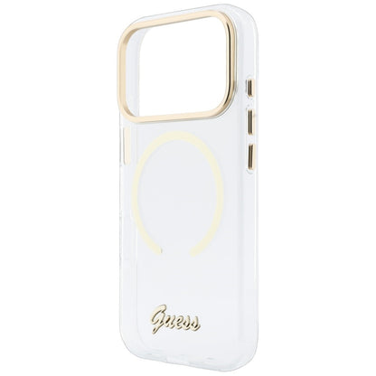 Etui MagSafe do Apple iPhone 18 Pro / 17 Pro, Guess, IML Script Metal, przezroczyste