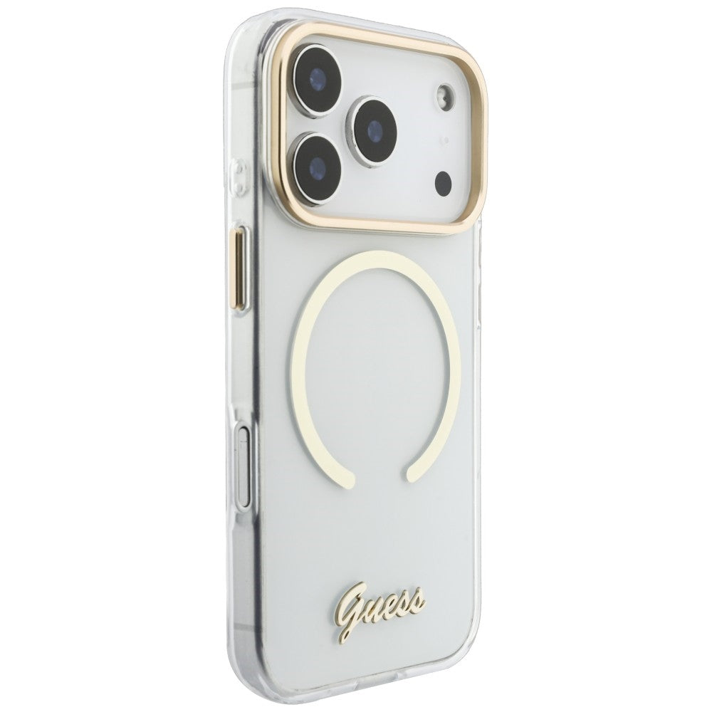 Etui MagSafe do Apple iPhone 18 Pro / 17 Pro, Guess, IML Script Metal, przezroczyste