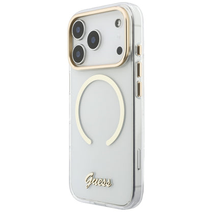 Etui MagSafe do Apple iPhone 18 Pro / 17 Pro, Guess, IML Script Metal, przezroczyste