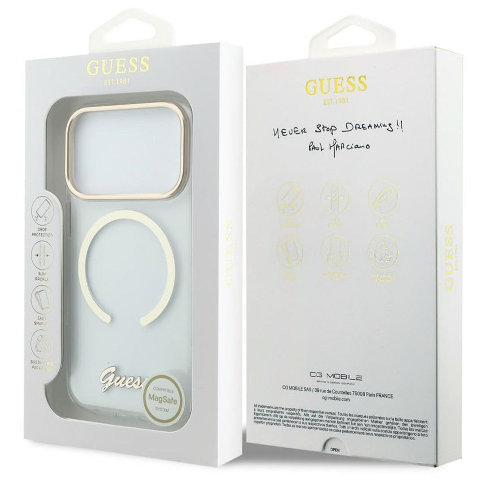 Etui MagSafe do Apple iPhone 18 Pro / 17 Pro, Guess, IML Script Metal, przezroczyste