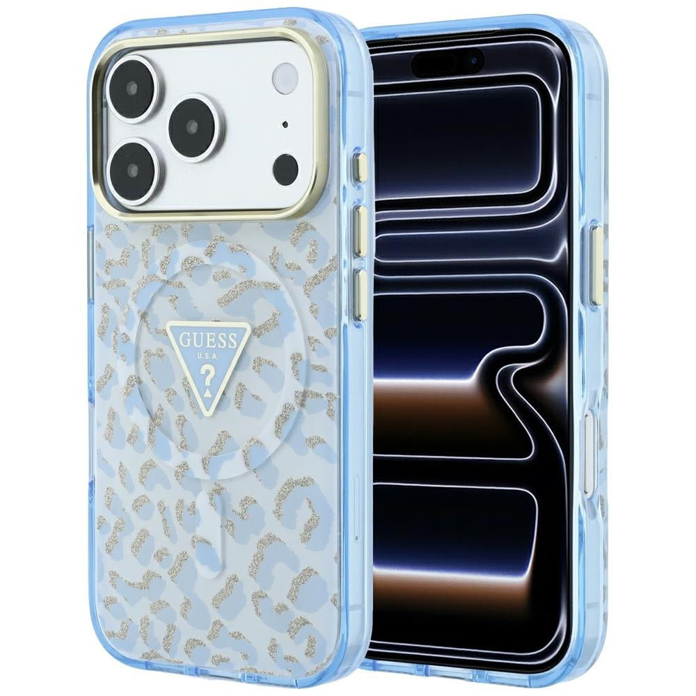 MagSafe Case for Apple iPhone 18 Pro / 17 Pro, Guess, Leopard Glitter Triangle Logo, Blue