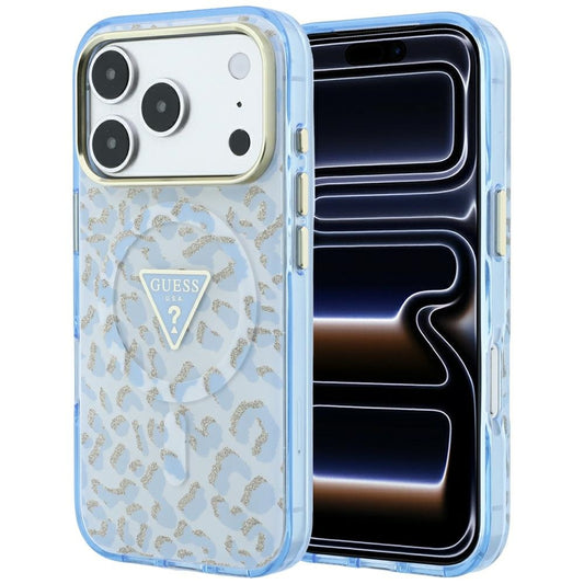 Etui MagSafe do Apple iPhone 18 Pro / 17 Pro, Guess, Leopard Glitter Triangle Logo, Bleu