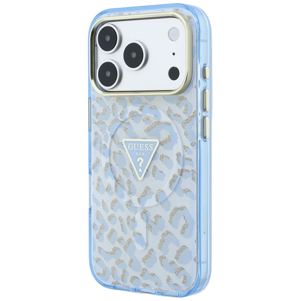 MagSafe Case for Apple iPhone 18 Pro / 17 Pro, Guess, Leopard Glitter Triangle Logo, Blue