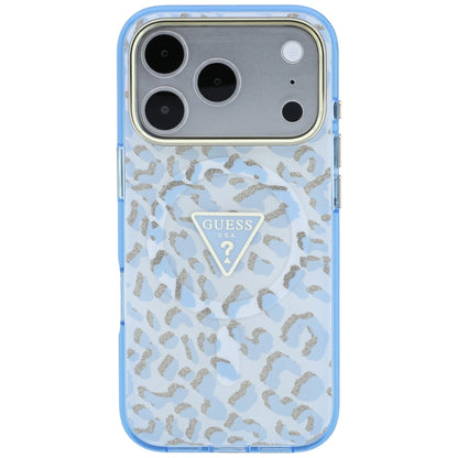 MagSafe Case for Apple iPhone 18 Pro / 17 Pro, Guess, Leopard Glitter Triangle Logo, Blue