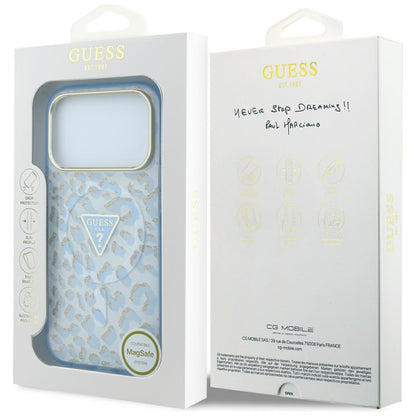 MagSafe Case for Apple iPhone 18 Pro / 17 Pro, Guess, Leopard Glitter Triangle Logo, Blue