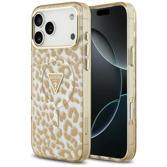 Etui MagSafe do Apple iPhone 18 Pro / 17 Pro, Guess, Leopard Glitter Triangle Logo, Brązowy