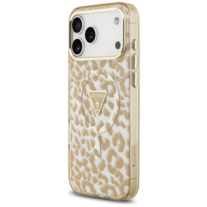 MagSafe Case for Apple iPhone 18 Pro / 17 Pro, Guess, Leopard Glitter Triangle Logo, Brown