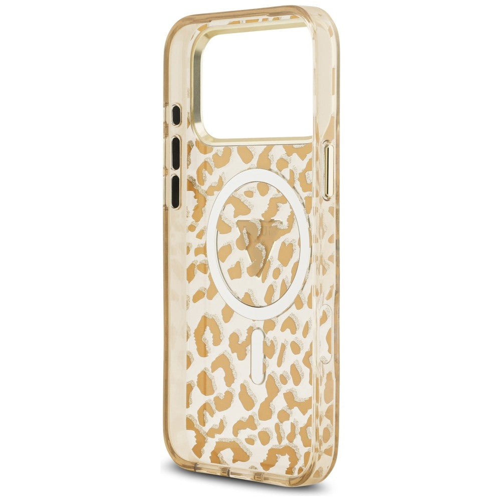 MagSafe Case for Apple iPhone 18 Pro / 17 Pro, Guess, Leopard Glitter Triangle Logo, Brown
