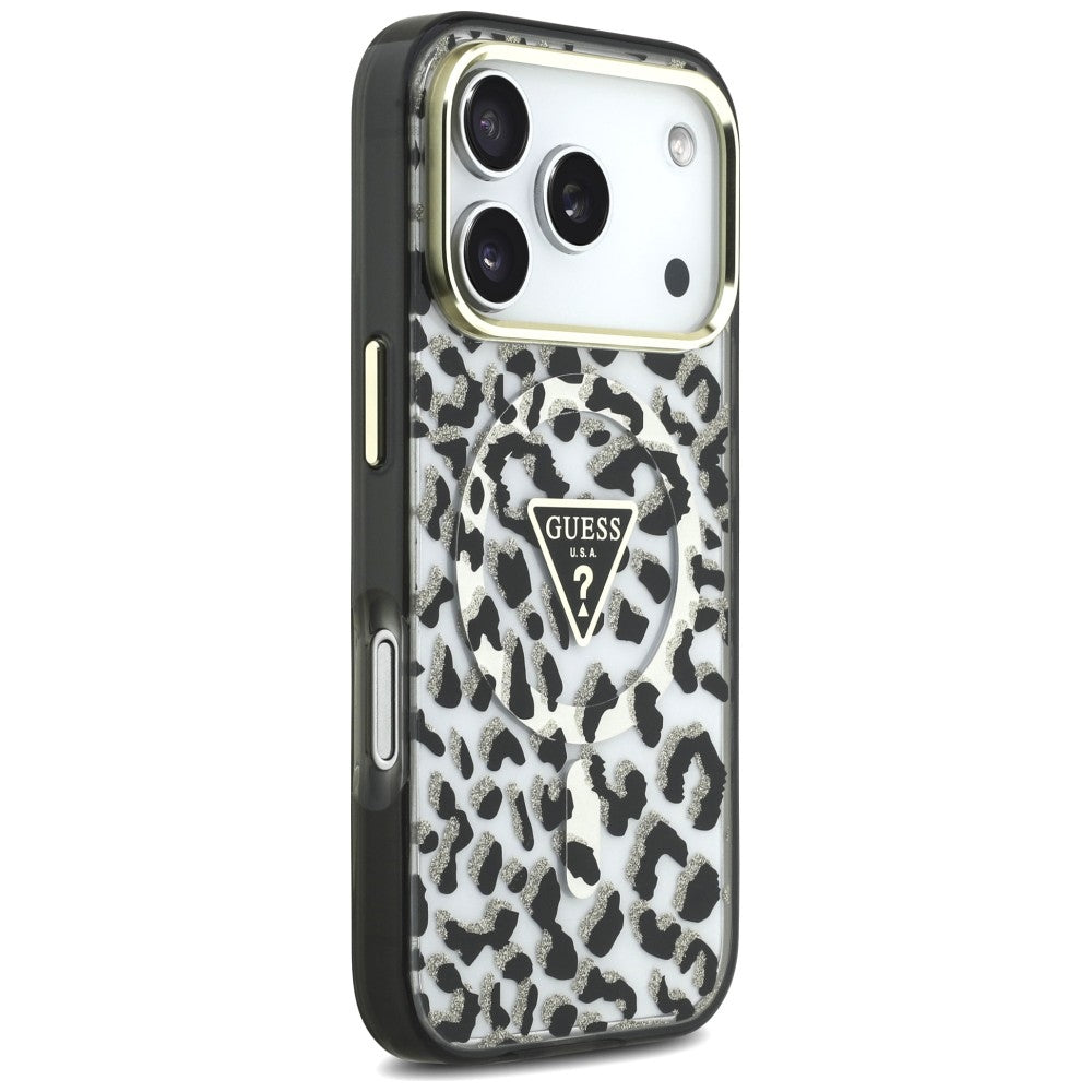 MagSafe Case for Apple iPhone 18 Pro / 17 Pro, Guess, Leopard Glitter Triangle Logo, Black