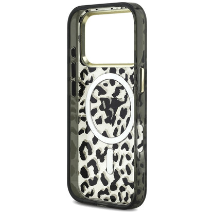 MagSafe Case for Apple iPhone 18 Pro / 17 Pro, Guess, Leopard Glitter Triangle Logo, Black