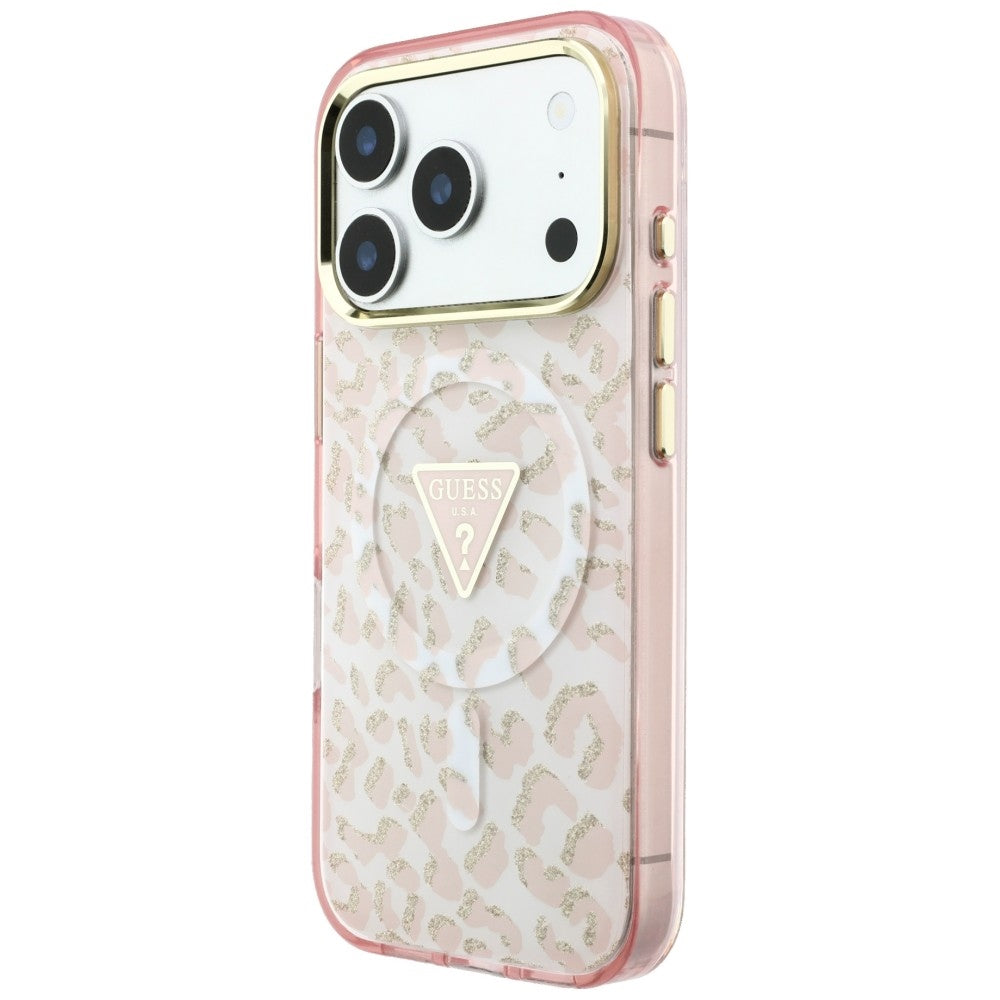Etui MagSafe do Apple iPhone 18 Pro / 17 Pro, Guess, Leopard Glitter Triangle Logo, Różowe