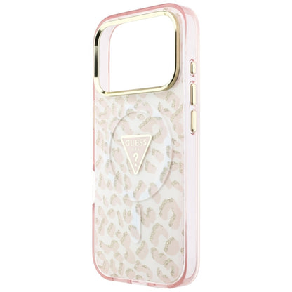 Etui MagSafe do Apple iPhone 18 Pro / 17 Pro, Guess, Leopard Glitter Triangle Logo, Różowe